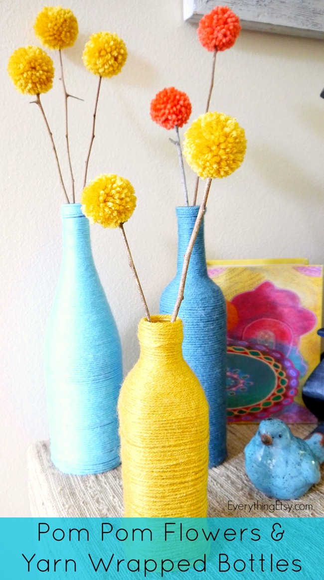 Pom Pom Flowers & Yarn Wrapped Bottles - DIY Decor