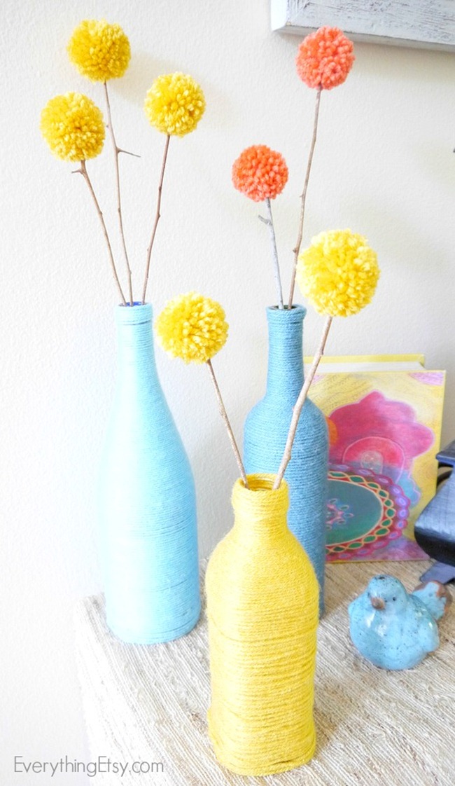 Pom Pom Flowers and Yarn Bottles