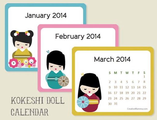 2014 Free Calendar - Kokeshi Doll - Creative Mamma