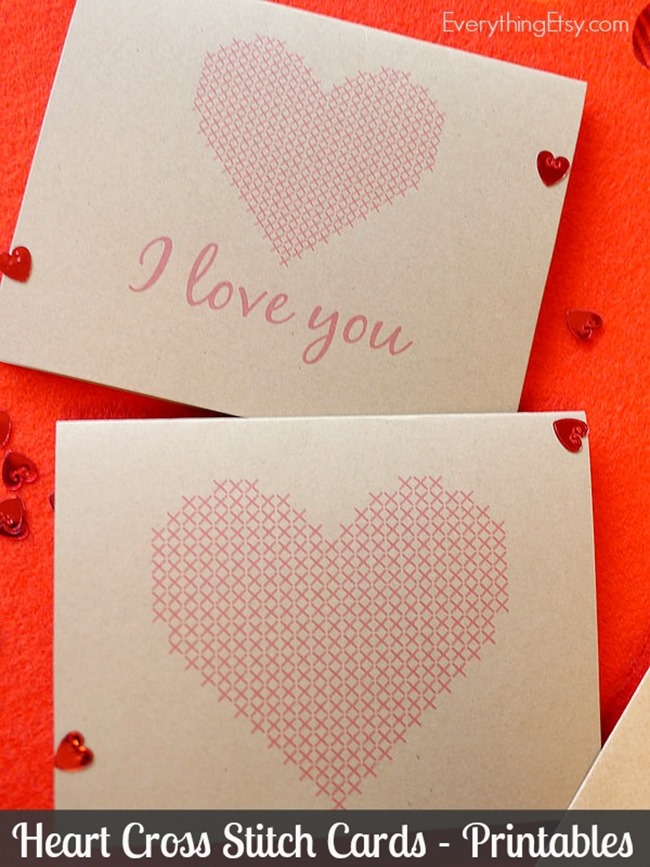 Heart Cross Stitch Cards - Free Printables from @EverythingEtsy