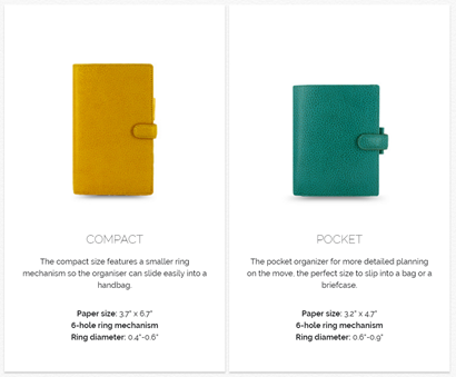 Filofax sizes chart