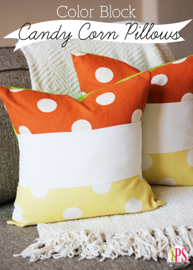 101 Fall Sewing Tutorials - EverythingEtsy.com - Candy Corn Block Pillow DIY