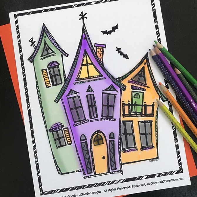 7 Free Halloween Coloring Pages for Adults and Kids - EverythingEtsy.com - Halloween Houses from 100 directions